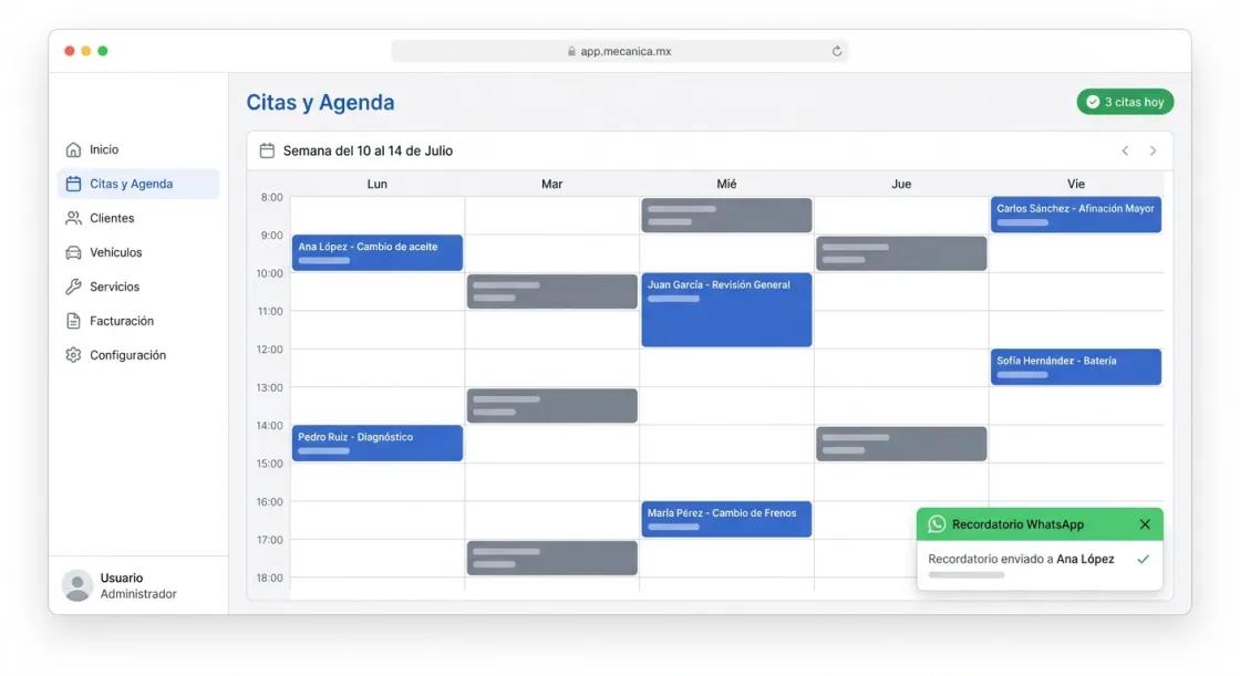 Screenshot de Citas y Agenda en Mecánica MX — software para talleres mecánicos
