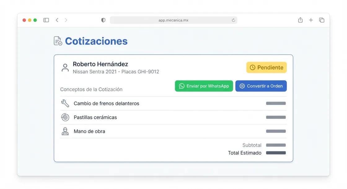 Screenshot de Cotizaciones en Mecánica MX — software para talleres mecánicos