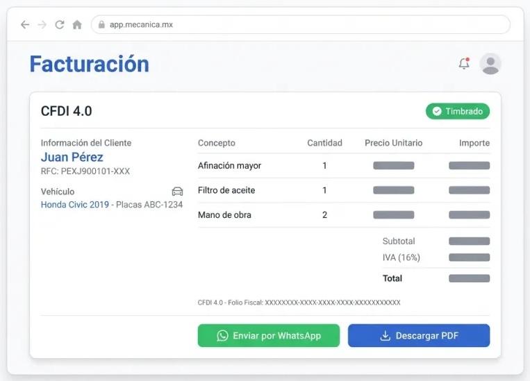 Screenshot de Facturación CFDI 4.0 en Mecánica MX — software para talleres mecánicos