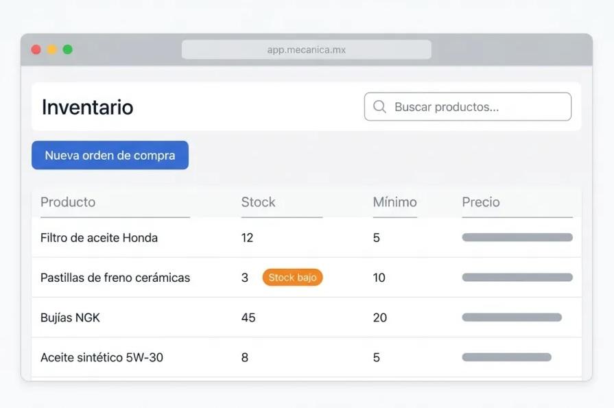 Screenshot de Inventario en Mecánica MX — software para talleres mecánicos