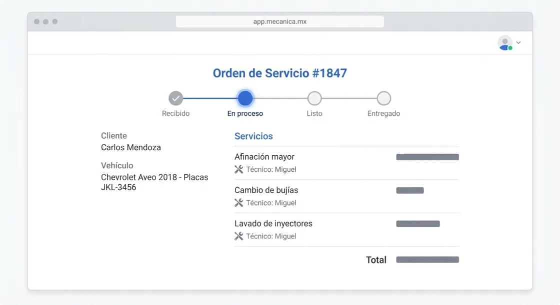Screenshot de Órdenes de Servicio en Mecánica MX — software para talleres mecánicos