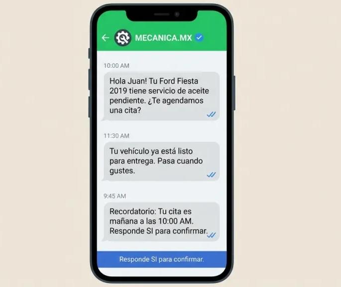 Screenshot de WhatsApp Automatizado en Mecánica MX — software para talleres mecánicos