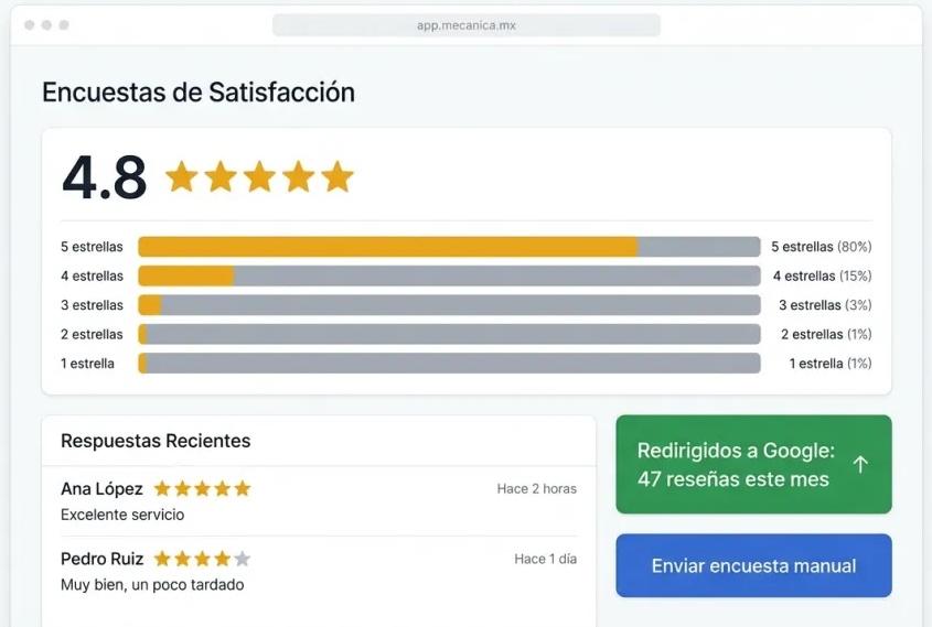 Screenshot de Encuestas de Satisfacción en Mecánica MX — software para talleres mecánicos