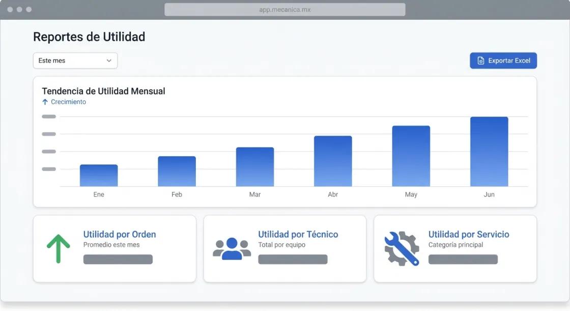 Screenshot de Reportes de Utilidad en Mecánica MX — software para talleres mecánicos