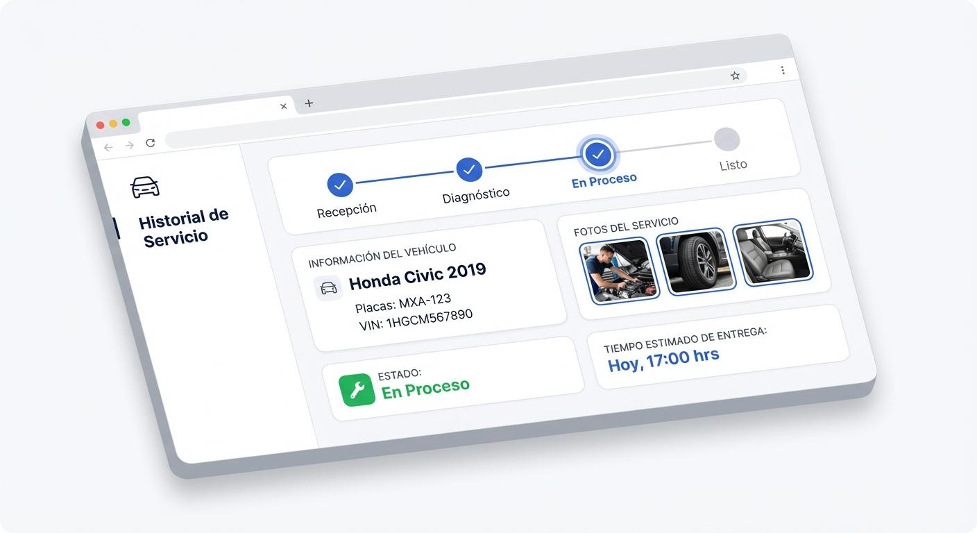 Portal web de cliente mostrando seguimiento de servicio automotriz