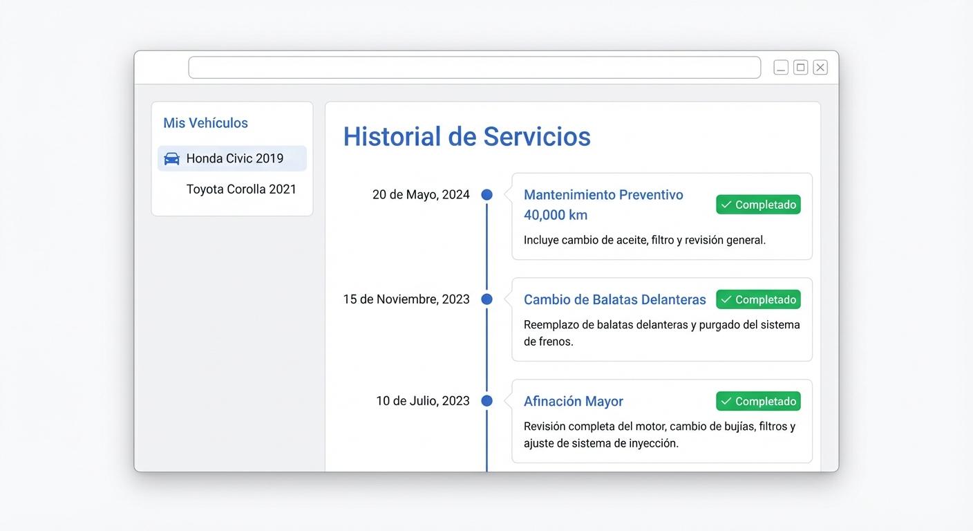 Portal web de historial del cliente mostrando vehículos y servicios