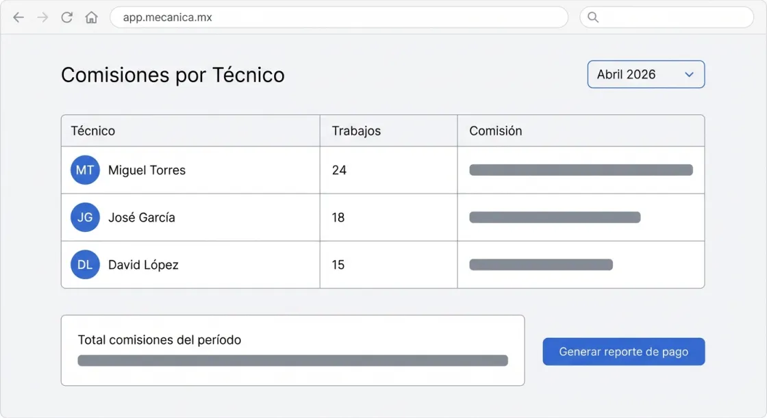 Captura de Comisiones por Técnico en Mecánica MX — software para talleres mecánicos