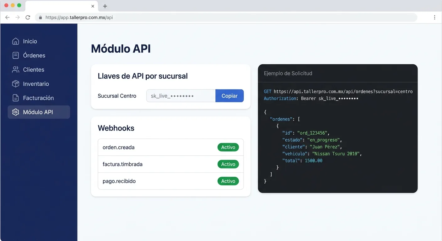 Captura de Módulo API en Mecánica MX — software para talleres mecánicos