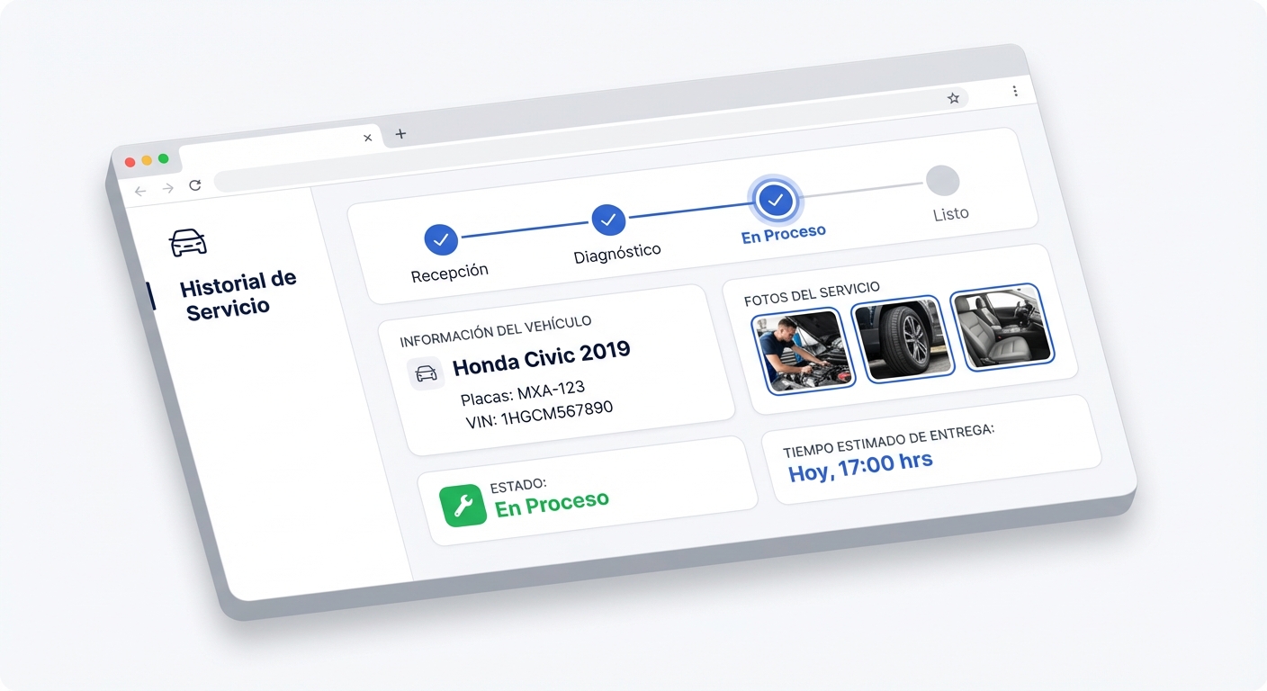 Portal web de cliente mostrando seguimiento de servicio automotriz